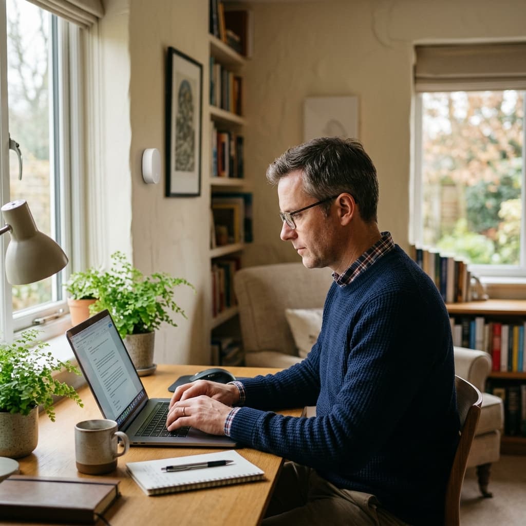 A relatable professional focused on his work in a home office with subtle smart home security sensor in the background