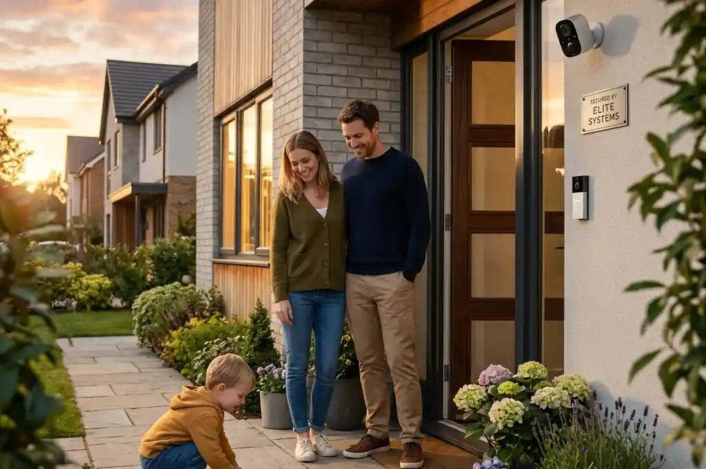 A modern, relatable family enjoying peace of mind at their safely protected home at sunset