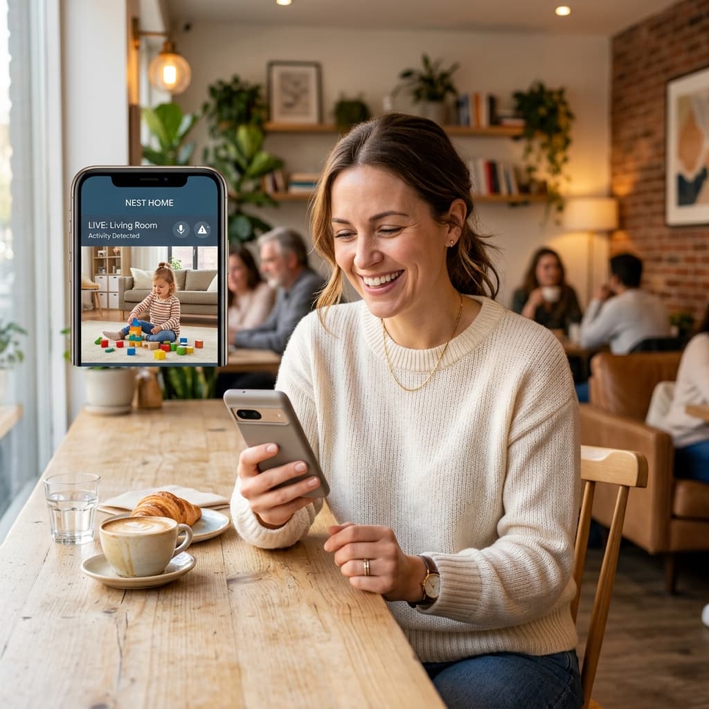 A relatable mother in a cafe smiling while checking her home security app on her smartphone